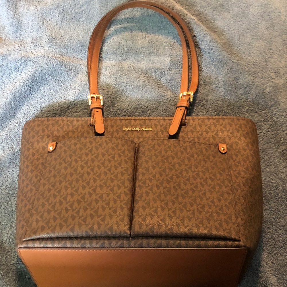 Michael Kors Brown MK Jet Set Monogram Tote with Tan Leather Handles